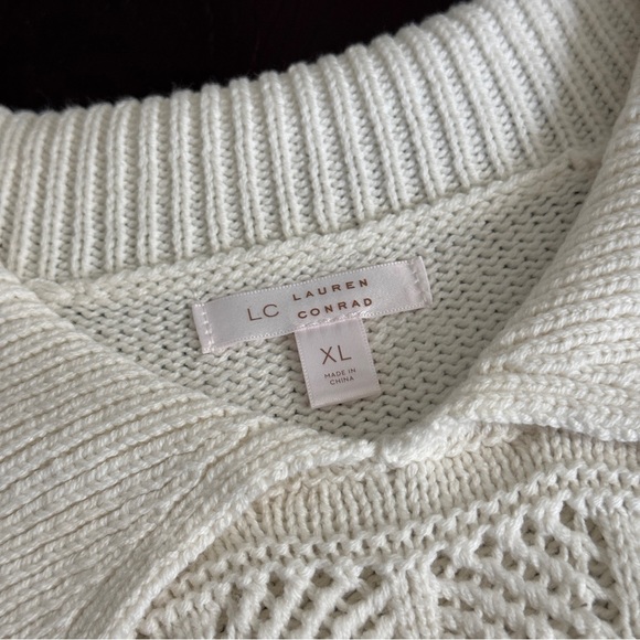 LC Lauren Conrad XL White Pointelle Knit Flutter Sleeve Crochet Sweater Top NEW - Picture 7 of 10